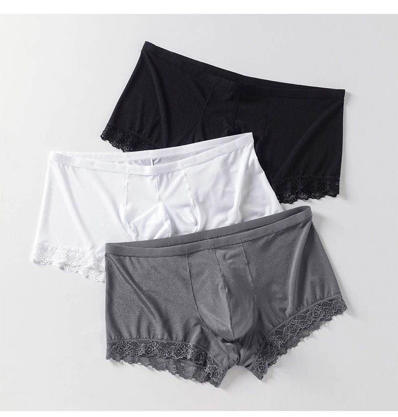 Men's Mid Waist Boxer Shorts Lace Ice Silk Ultra Thin by Gallery Man