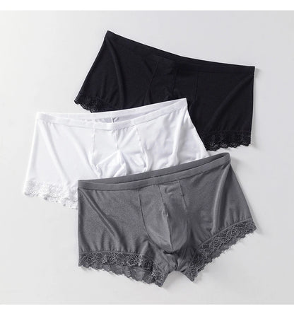 Men's Mid Waist Boxer Shorts Lace Ice Silk Ultra Thin by Gallery Man