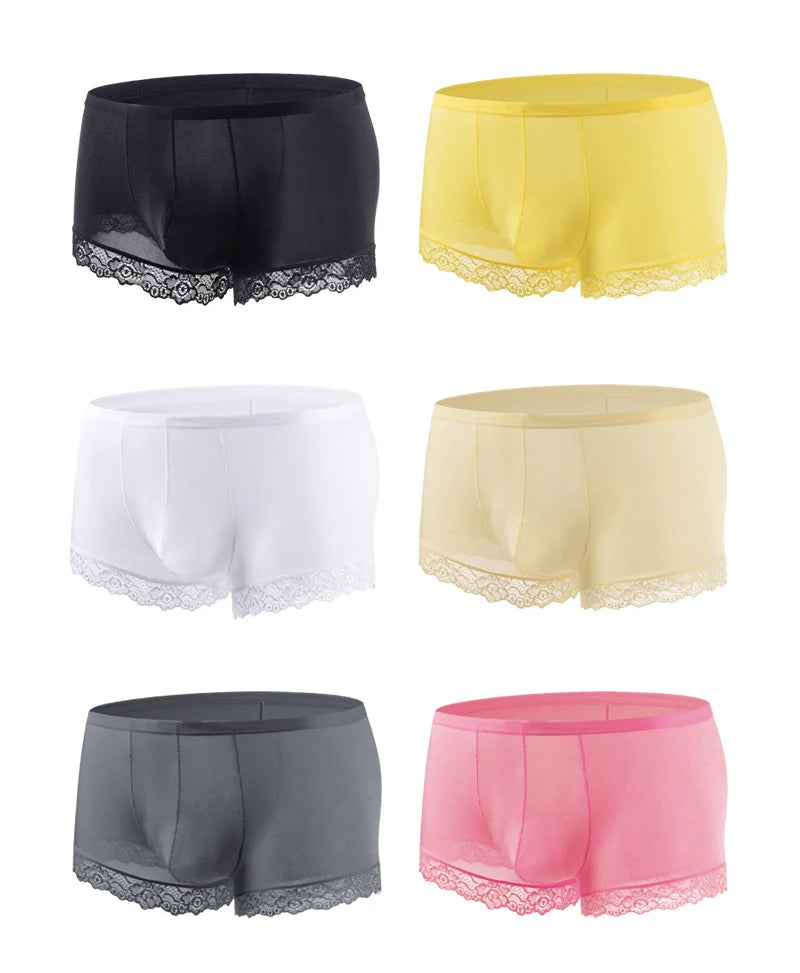Men's Mid Waist Boxer Shorts Lace Ice Silk Ultra Thin by Gallery Man
