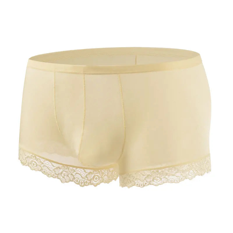 Men's Mid Waist Boxer Shorts Lace Ice Silk Ultra Thin in Beige by Gallery Man