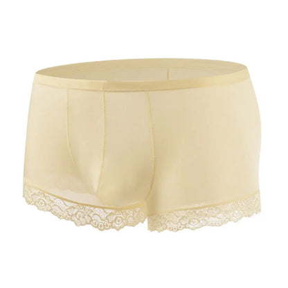 Men's Mid Waist Boxer Shorts Lace Ice Silk Ultra Thin in Beige by Gallery Man