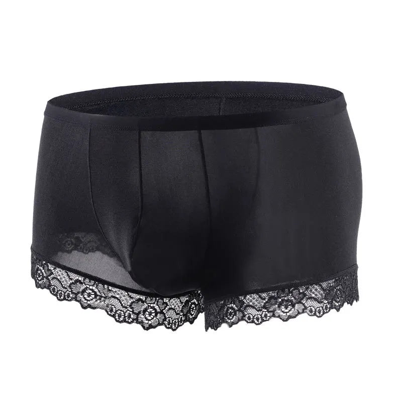 Men's Mid Waist Boxer Shorts Lace Ice Silk Ultra Thin in Black by Gallery Man