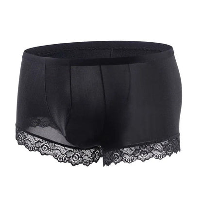 Men's Mid Waist Boxer Shorts Lace Ice Silk Ultra Thin in Black by Gallery Man