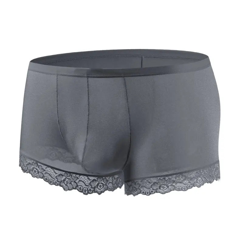 Men's Mid Waist Boxer Shorts Lace Ice Silk Ultra Thin in Gray by Gallery Man