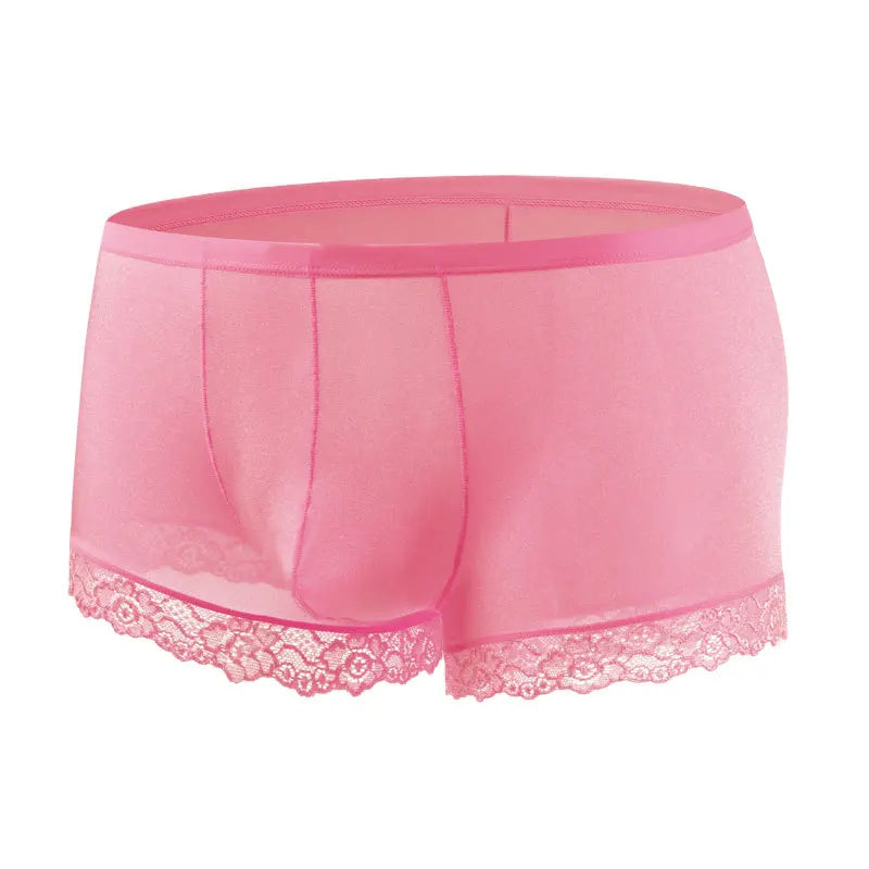 Men's Mid Waist Boxer Shorts Lace Ice Silk Ultra Thin in Pink by Gallery Man