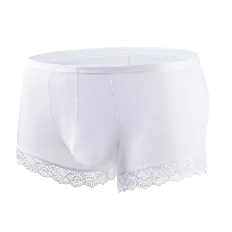 Men's Mid Waist Boxer Shorts Lace Ice Silk Ultra Thin in White by Gallery Man