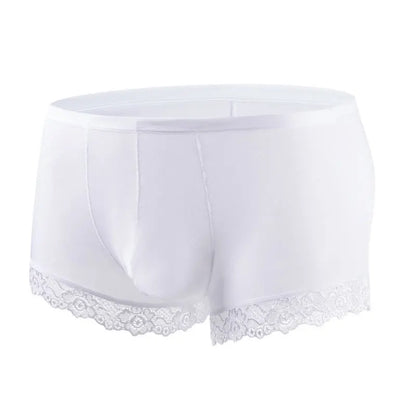 Men's Mid Waist Boxer Shorts Lace Ice Silk Ultra Thin in White by Gallery Man