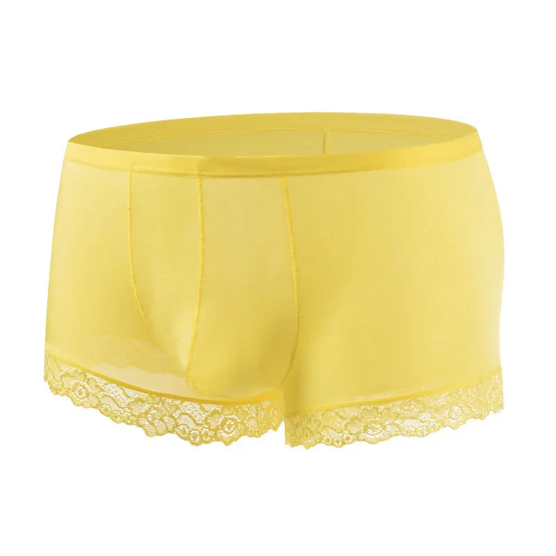 Men's Mid Waist Boxer Shorts Lace Ice Silk Ultra Thin in Yellow by Gallery Man