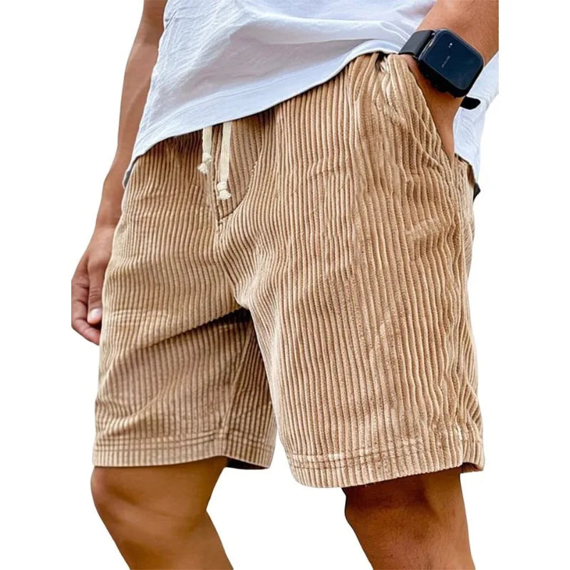 Men’s Retro Corduroy Drawstring Shorts – Casual Fit in Khaki by Gallery Man