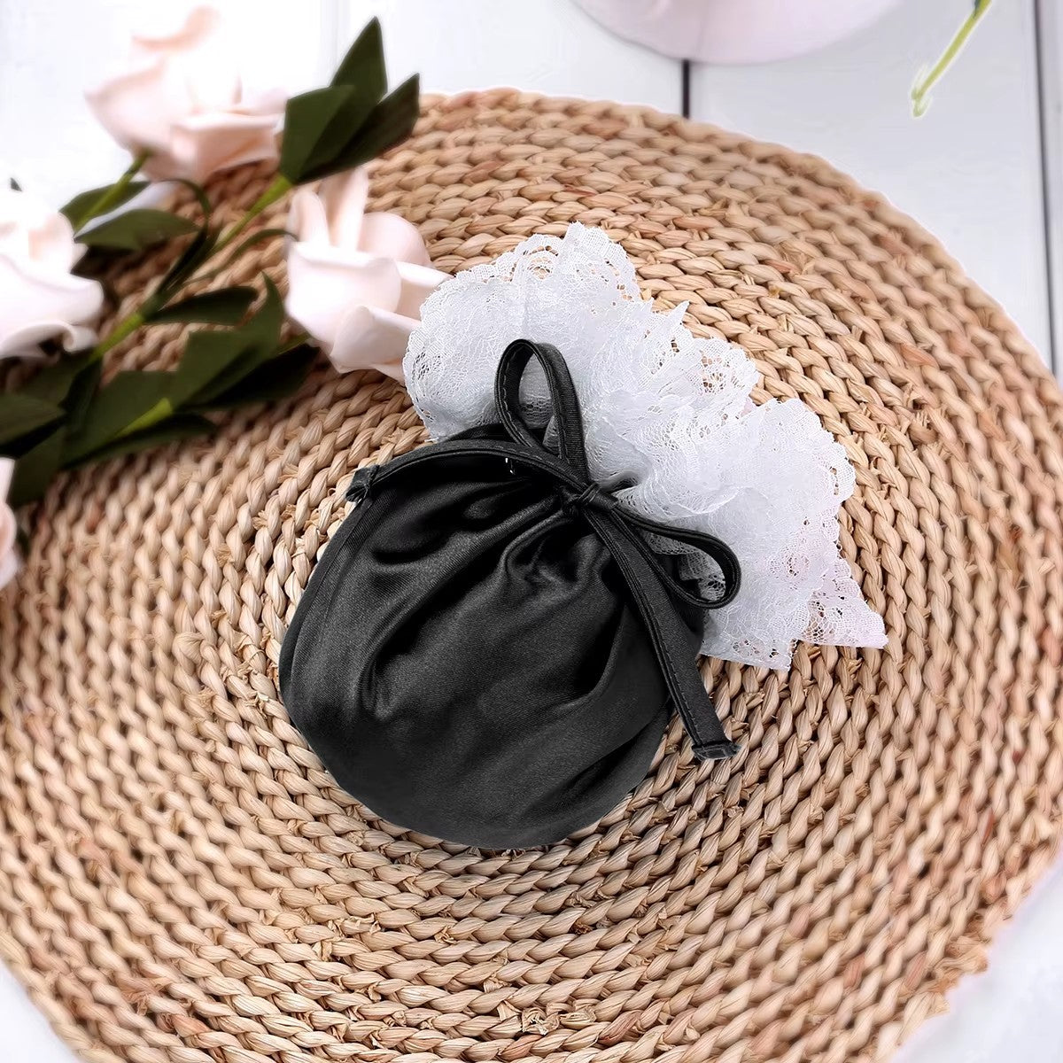 Men’s Satin Pouch Underwear with Drawstring and Ruffled Lace in Black by Gallery Man