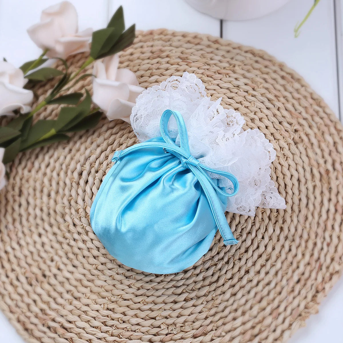 Men’s Satin Pouch Underwear with Drawstring and Ruffled Lace in Blue by Gallery Man