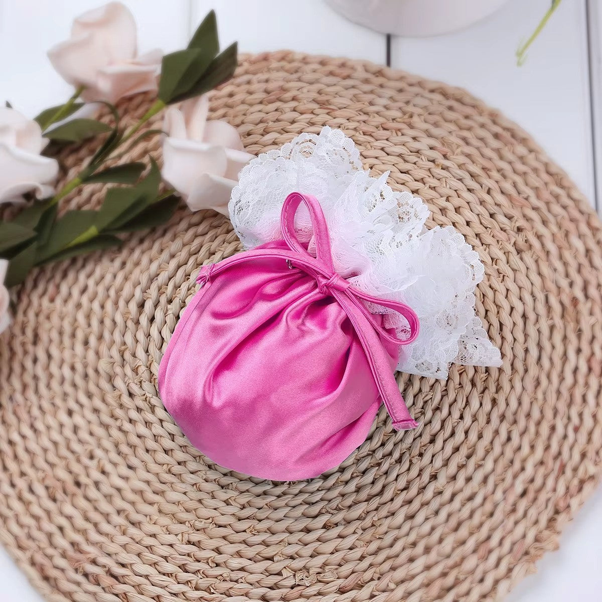 Men’s Satin Pouch Underwear with Drawstring and Ruffled Lace in Rose by Gallery Man