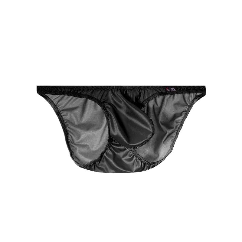 Men's Sexy Glossy Ice Silk Bikini-Style Briefs with Raised Pouch in Black by Gallery Man