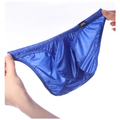 Men's Sexy Glossy Ice Silk Bikini-Style Briefs with Raised Pouch in Blue by Gallery Man