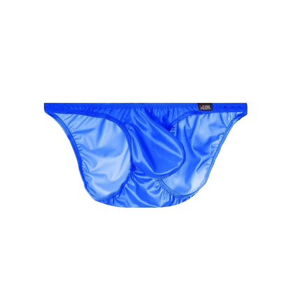Men's Sexy Glossy Ice Silk Bikini-Style Briefs with Raised Pouch in Blue by Gallery Man