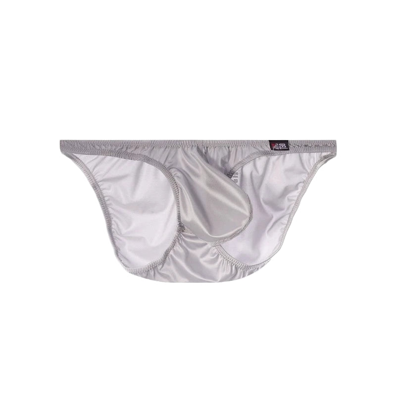 Men's Sexy Glossy Ice Silk Bikini-Style Briefs with Raised Pouch in Light Gray by Gallery Man