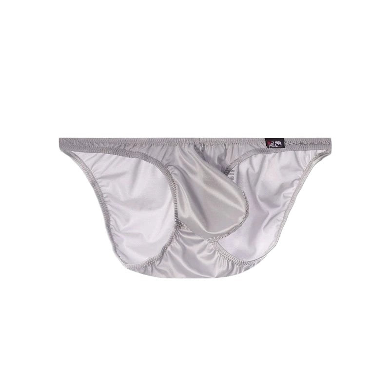 Men's Sexy Glossy Ice Silk Bikini-Style Briefs with Raised Pouch in Light Gray by Gallery Man