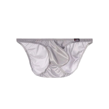 Men's Sexy Glossy Ice Silk Bikini-Style Briefs with Raised Pouch in Light Gray by Gallery Man