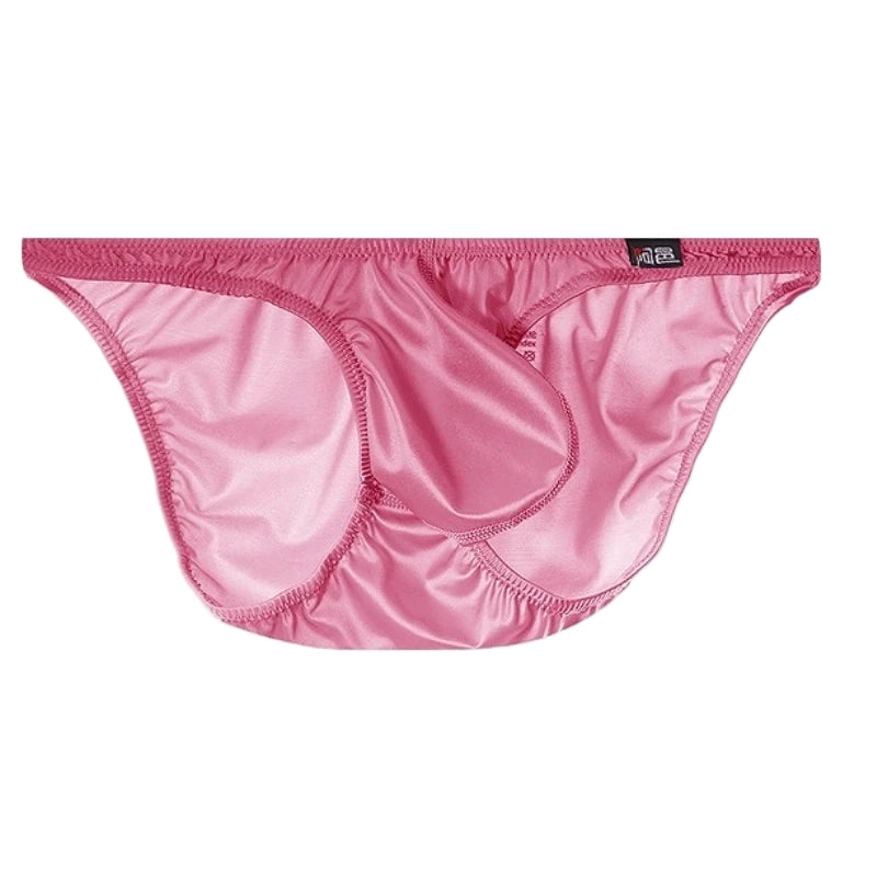 Men's Sexy Glossy Ice Silk Bikini-Style Briefs with Raised Pouch in Pink by Gallery Man
