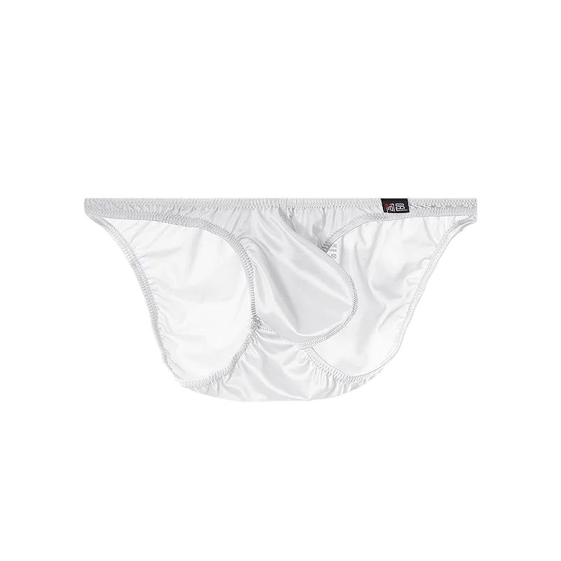 Men's Sexy Glossy Ice Silk Bikini-Style Briefs with Raised Pouch in White by Gallery Man
