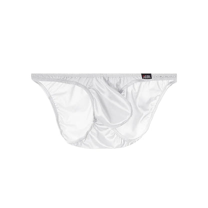 Men's Sexy Glossy Ice Silk Bikini-Style Briefs with Raised Pouch in White by Gallery Man