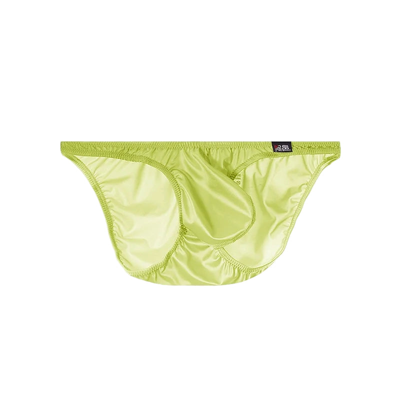 Men's Sexy Glossy Ice Silk Bikini-Style Briefs with Raised Pouch in Yellow by Gallery Man