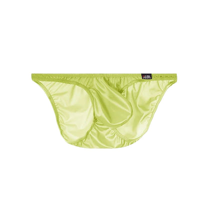 Men's Sexy Glossy Ice Silk Bikini-Style Briefs with Raised Pouch in Yellow by Gallery Man