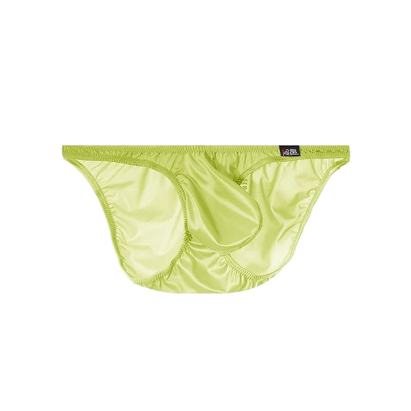 Men's Sexy Glossy Ice Silk Bikini-Style Briefs with Raised Pouch in Yellow by Gallery Man