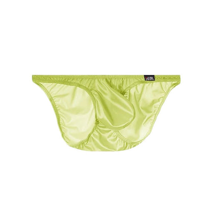 Men's Sexy Glossy Ice Silk Bikini-Style Briefs with Raised Pouch in Yellow by Gallery Man