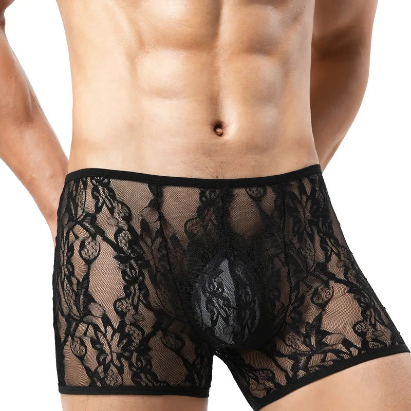 Men’s Sheer Lace Boxer Briefs with Contour Pouch in Black by Gallery Man