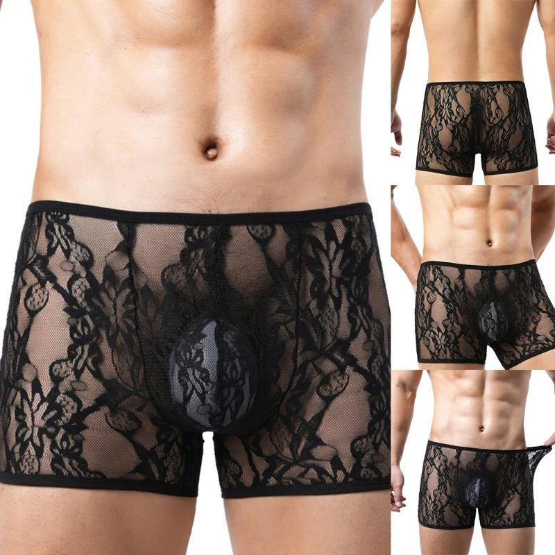 Men’s Sheer Lace Boxer Briefs with Contour Pouch in Black by Gallery Man