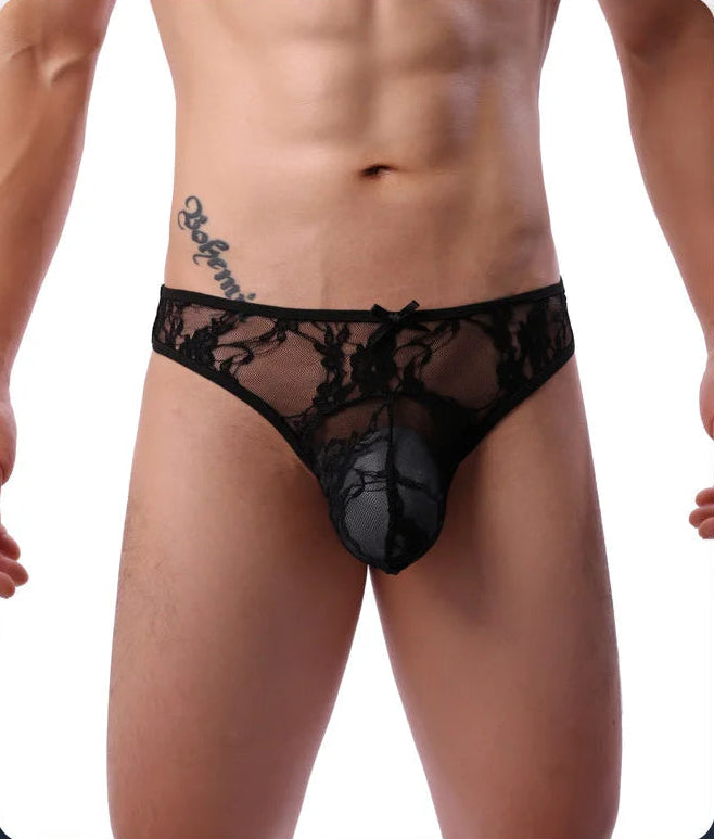 Men's Sheer Lace Briefs – Raised Contour Pouch in Black by Gallery Man