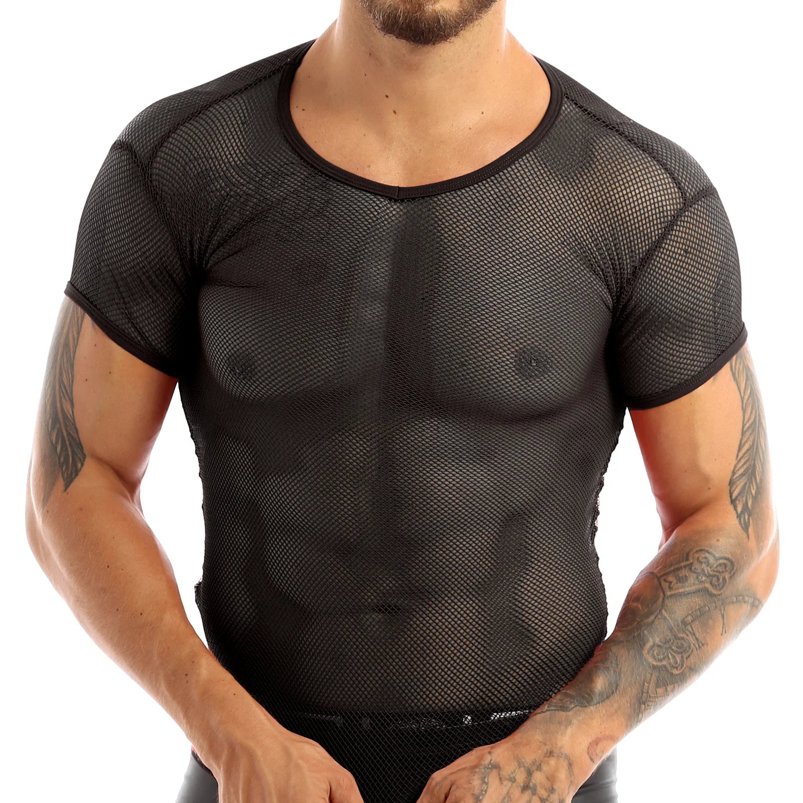 Men’s Sheer Mesh T-Shirt – Breathable Slim Fit See-Through Top in Black by Gallery Man