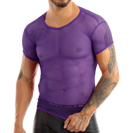 Men’s Sheer Mesh T-Shirt – Breathable Slim Fit See-Through Top in Purple by Gallery Man