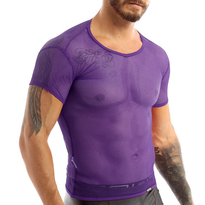 Men’s Sheer Mesh T-Shirt – Breathable Slim Fit See-Through Top in Purple by Gallery Man