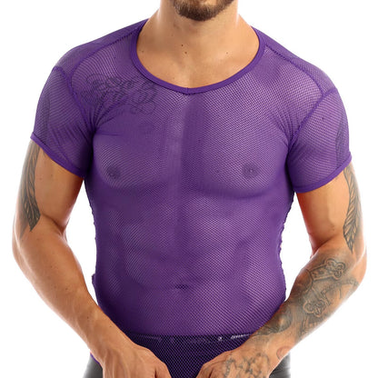 Men’s Sheer Mesh T-Shirt – Breathable Slim Fit See-Through Top in Purple by Gallery Man