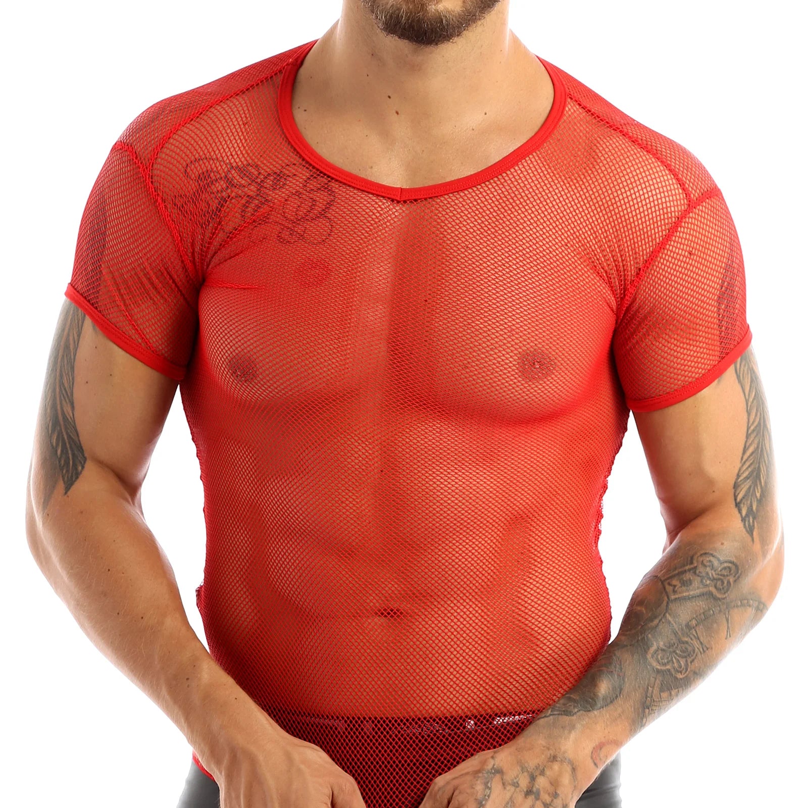 Men’s Sheer Mesh T-Shirt – Breathable Slim Fit See-Through Top in Red by Gallery Man