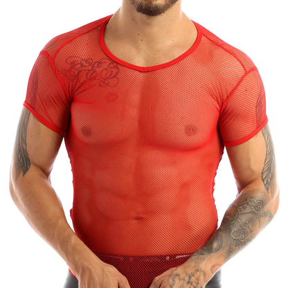 Men’s Sheer Mesh T-Shirt – Breathable Slim Fit See-Through Top in Red by Gallery Man