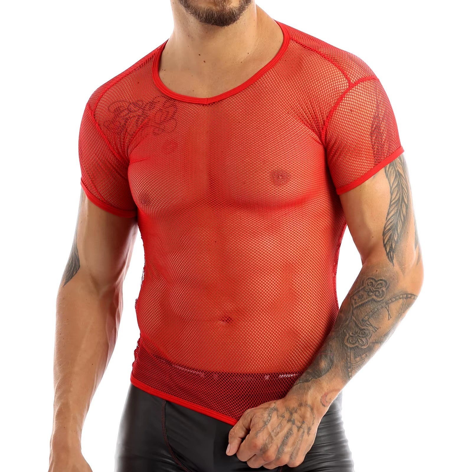 Men’s Sheer Mesh T-Shirt – Breathable Slim Fit See-Through Top in Red by Gallery Man
