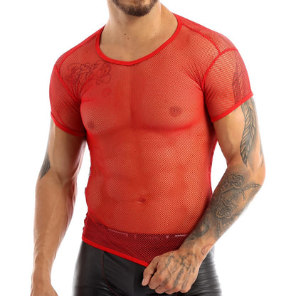 Men’s Sheer Mesh T-Shirt – Breathable Slim Fit See-Through Top in Red by Gallery Man