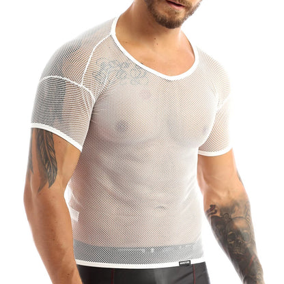 Men’s Sheer Mesh T-Shirt – Breathable Slim Fit See-Through Top in White by Gallery Man
