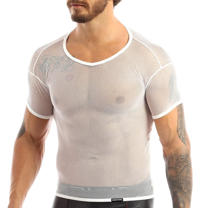 Men’s Sheer Mesh T-Shirt – Breathable Slim Fit See-Through Top in White by Gallery Man
