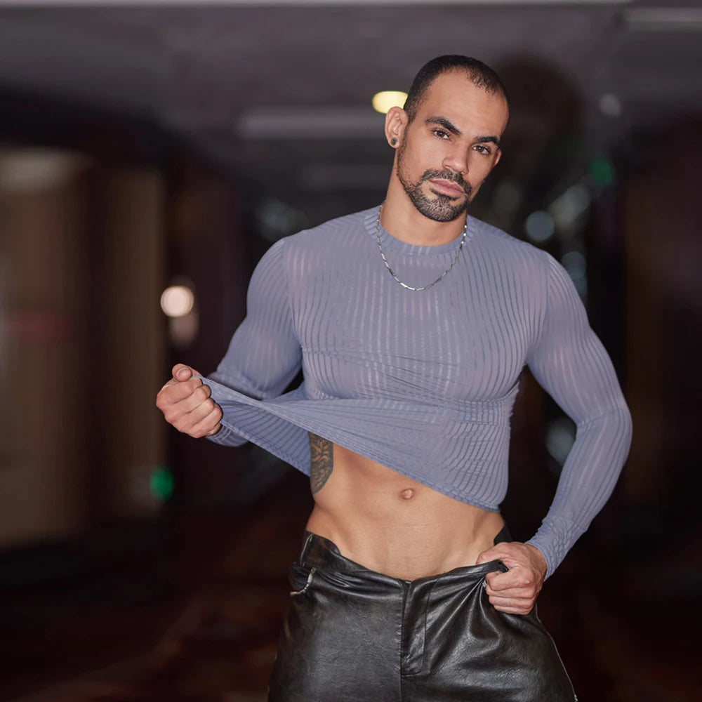 Men’s Sheer Ribbed Slim Fit T-Shirt – Transparent Stretch Long Sleeve in Gray by Gallery Man