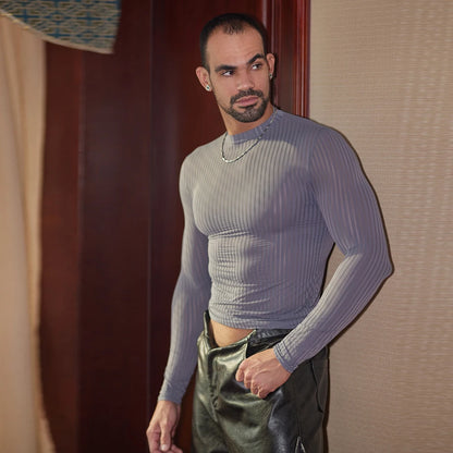 Men’s Sheer Ribbed Slim Fit T-Shirt – Transparent Stretch Long Sleeve in Gray by Gallery Man