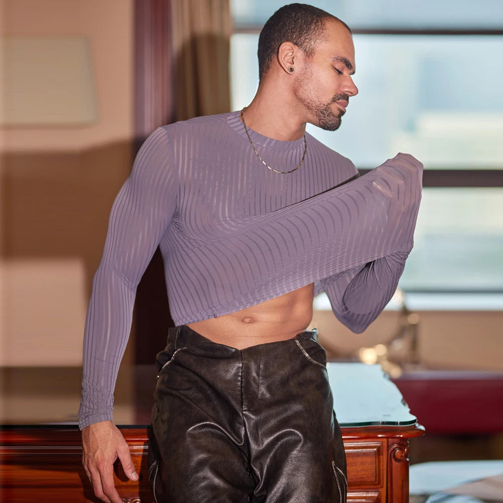 Men’s Sheer Ribbed Slim Fit T-Shirt – Transparent Stretch Long Sleeve in Gray by Gallery Man