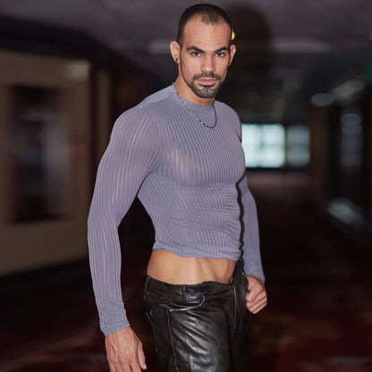 Men’s Sheer Ribbed Slim Fit T-Shirt – Transparent Stretch Long Sleeve in Gray by Gallery Man
