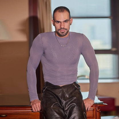 Men’s Sheer Ribbed Slim Fit T-Shirt – Transparent Stretch Long Sleeve in Gray by Gallery Man