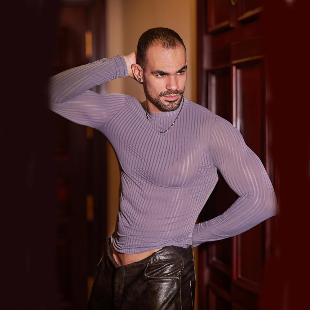 Men’s Sheer Ribbed Slim Fit T-Shirt – Transparent Stretch Long Sleeve in Gray by Gallery Man