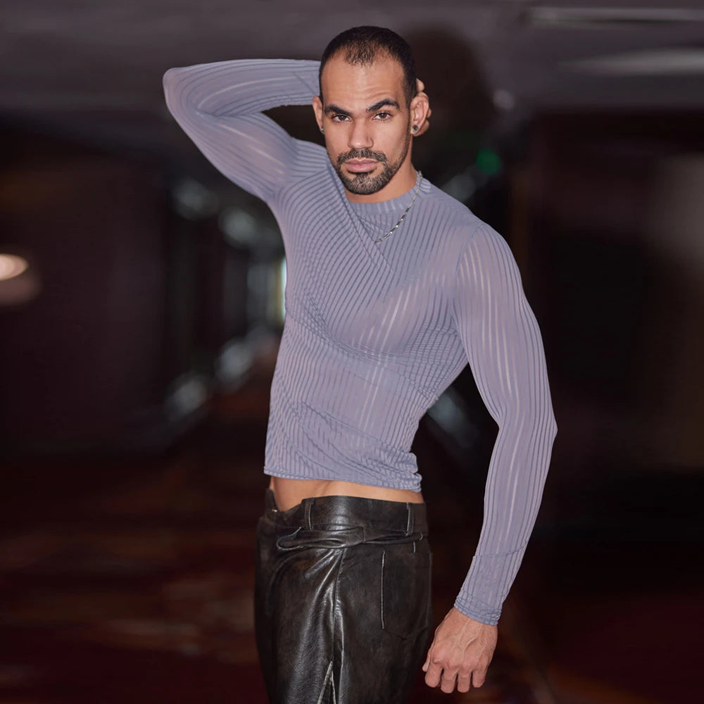 Men’s Sheer Ribbed Slim Fit T-Shirt – Transparent Stretch Long Sleeve in Gray by Gallery Man