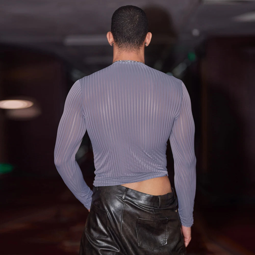 Men’s Sheer Ribbed Slim Fit T-Shirt – Transparent Stretch Long Sleeve in Gray by Gallery Man